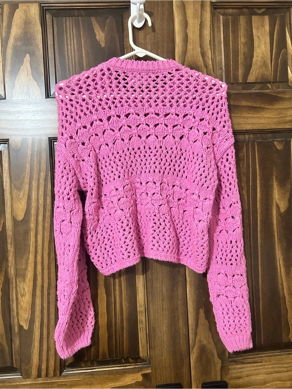 Zara Bright Pink Open-Knit Crewneck Sweater